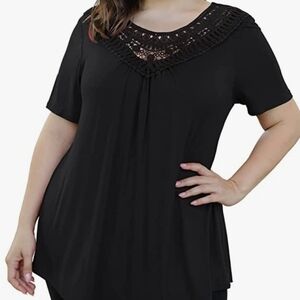 a.Jesdani Short Sleeve Lace Pleated Blouse in Black Size 1X